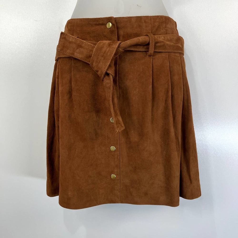 Sezane Tesse Suede Mini Skirt Brown Paper Bag Tie Waist Brown